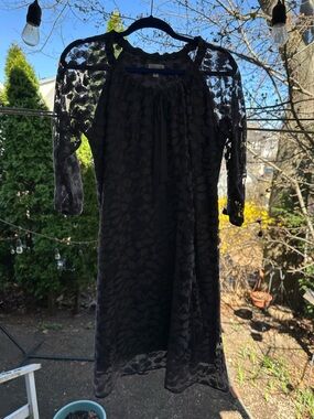 Garnet Hill gray blue Lace Tie-Neck Long Sleeve Dress